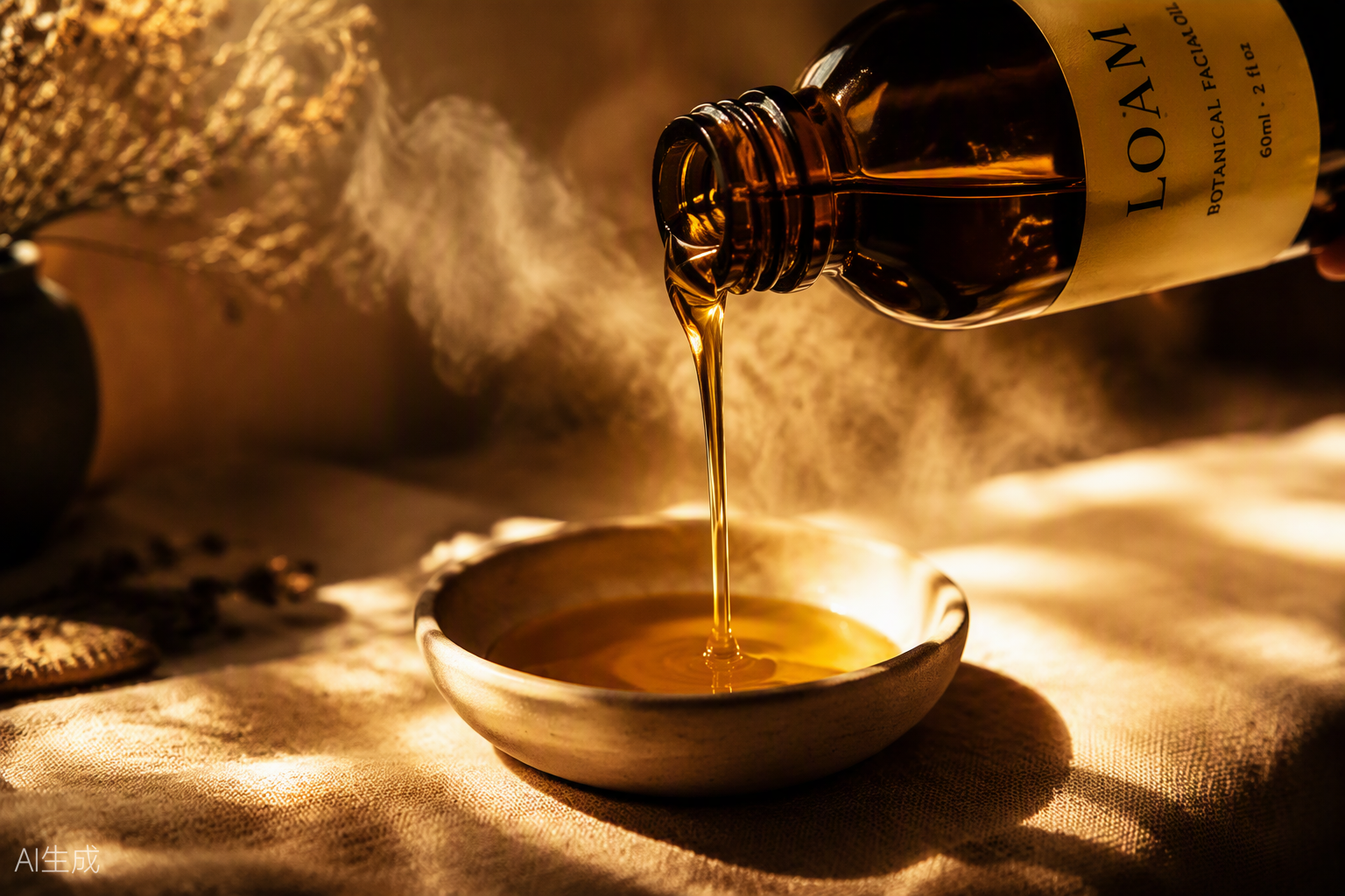 Golden botanical oil pouring, backlit