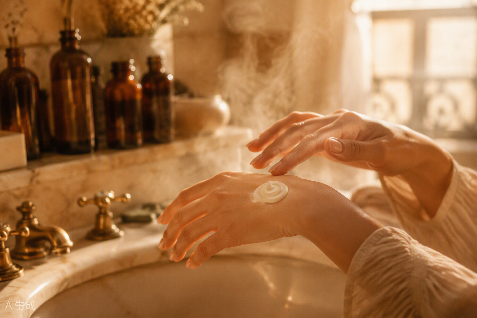 Cream swirled on hands in golden light